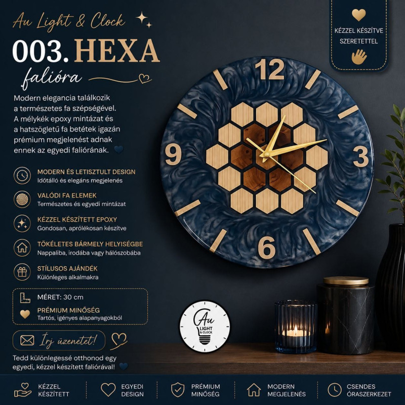 003. HEXA kézzel készített fa-epoxy falióra