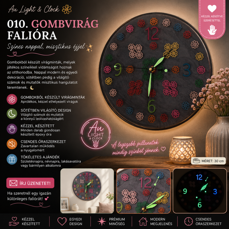 010. Gombvirág kézzel készített epoxy falióra