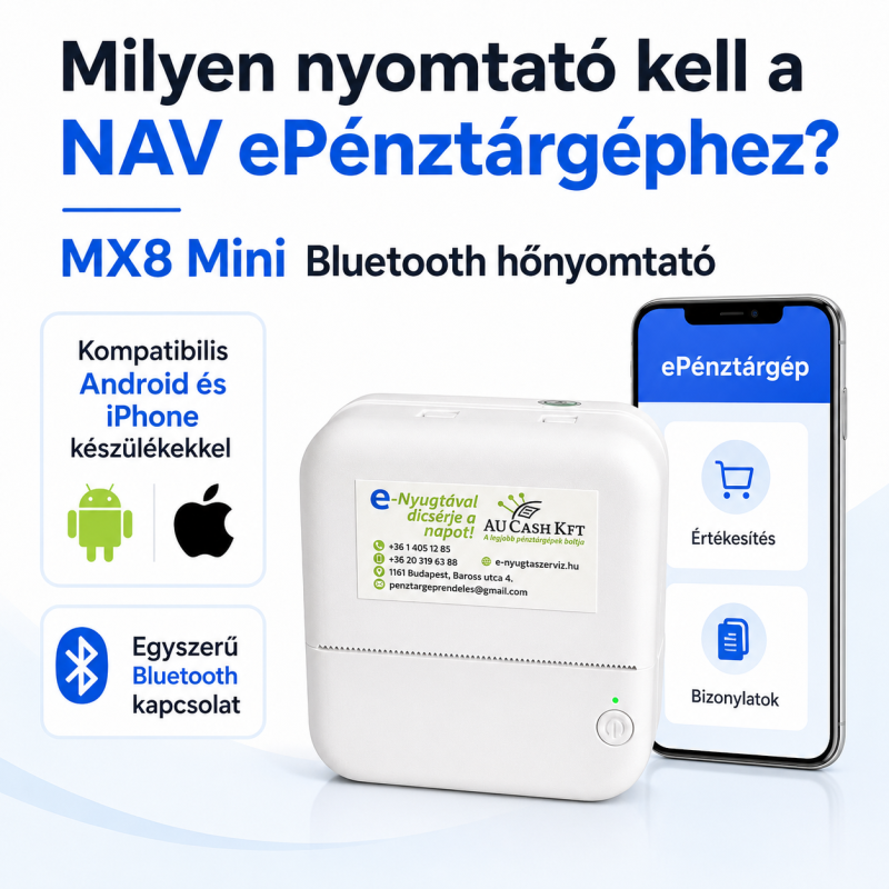 Mx8 (Mx6) mini cicás Bluetooth hőnyomtató NAV ePénztárgép alkalmazáshoz